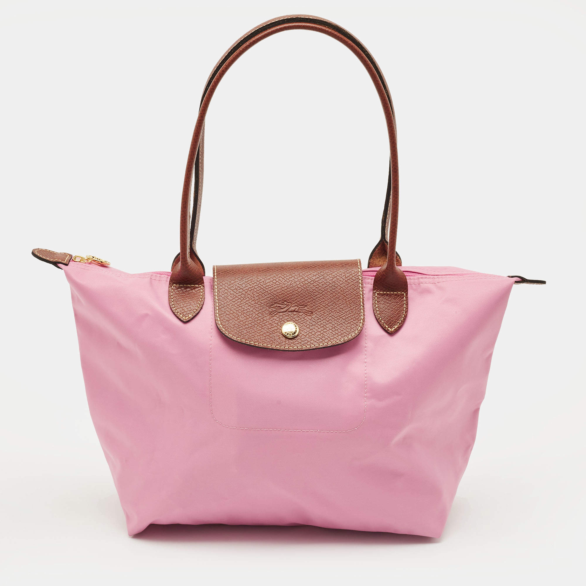 Pre Owned Longchamp Le Pliage Pink/Brown Leather and Nylon Tote