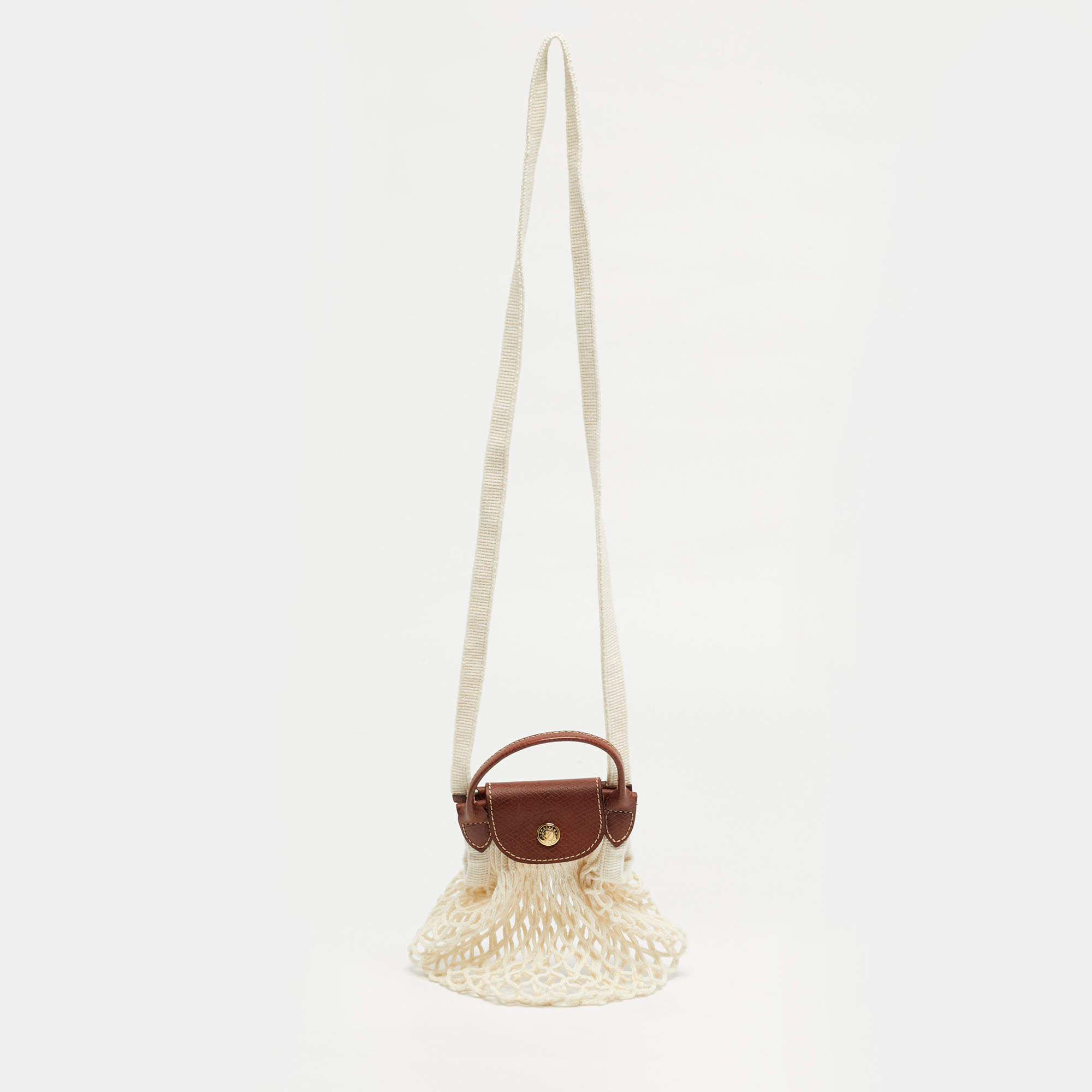 Pre Owned Longchamp Le Pliage Mini Off White/Brown Leather and Net Crossbody Bag