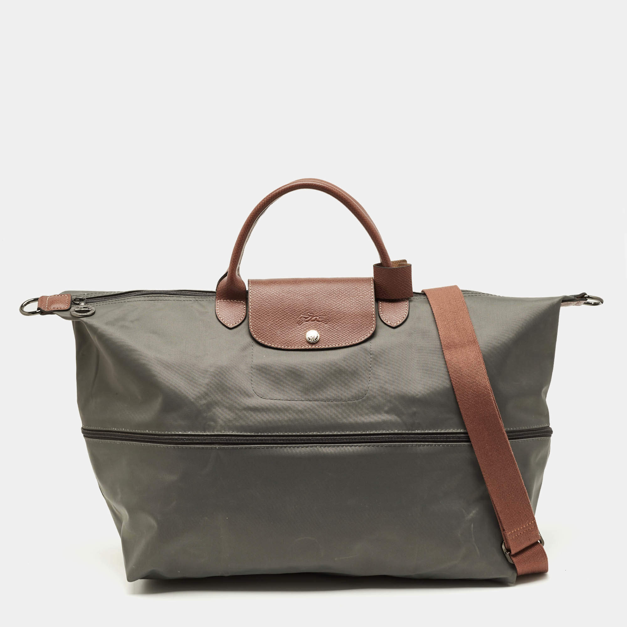 Pre Owned حقيبة لونشان لوبلياج قابلة للتوسيع نايلون وجلد رمادية/بنية للسفر