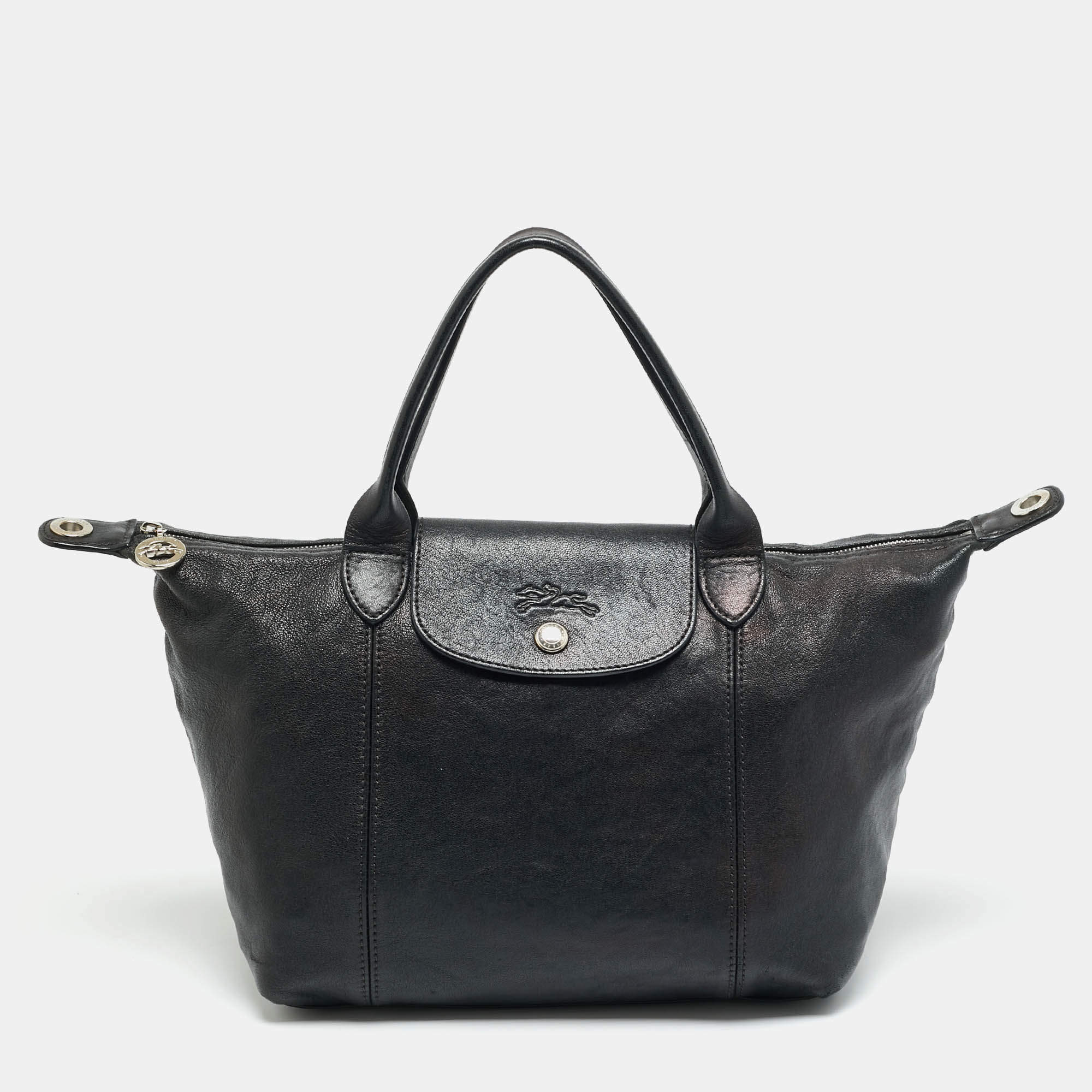 Pre Owned Longchamp Le Pliage Black Leather Tote