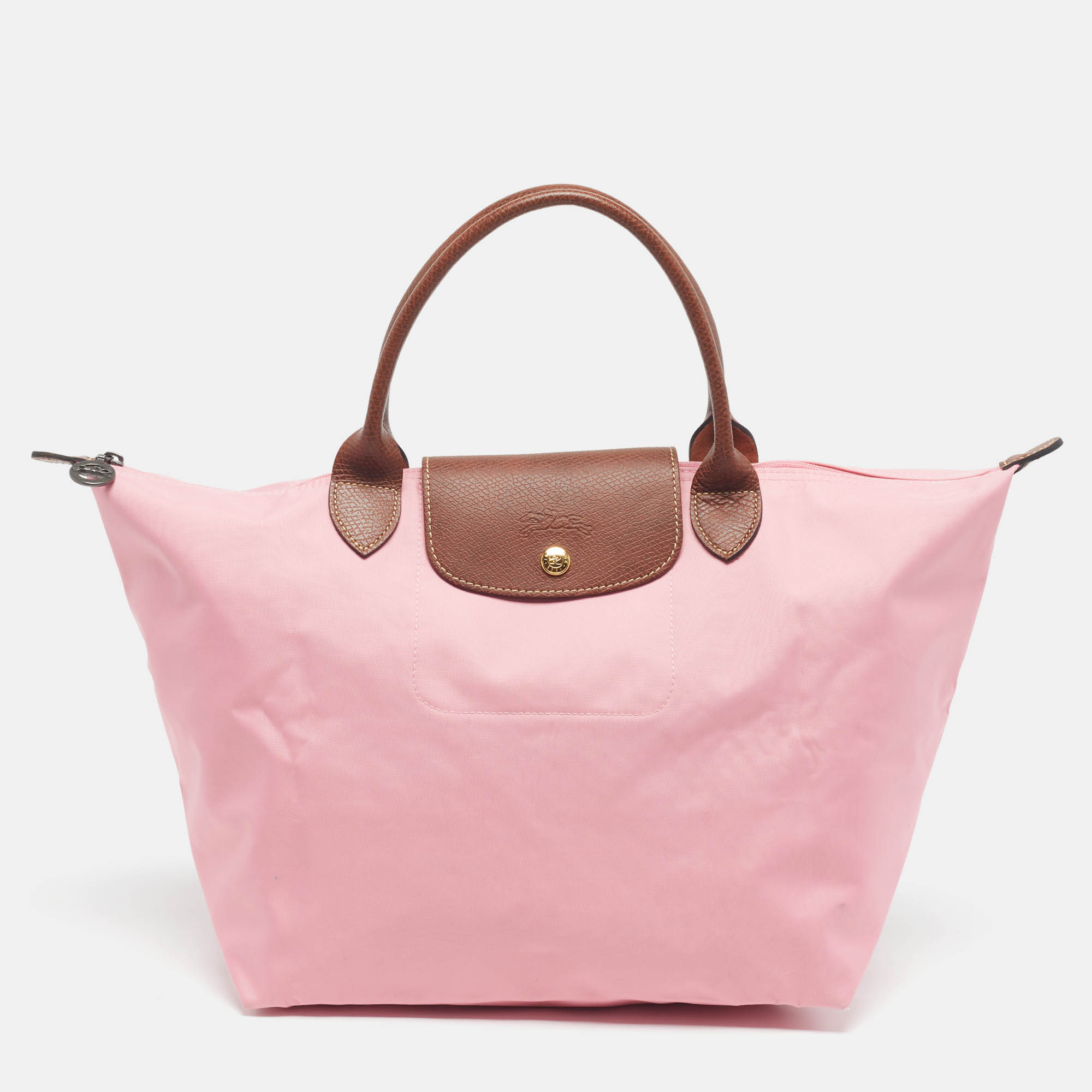 Pre Owned Longchamp Le Pliage Medium Pink/Brown Nylon Tote