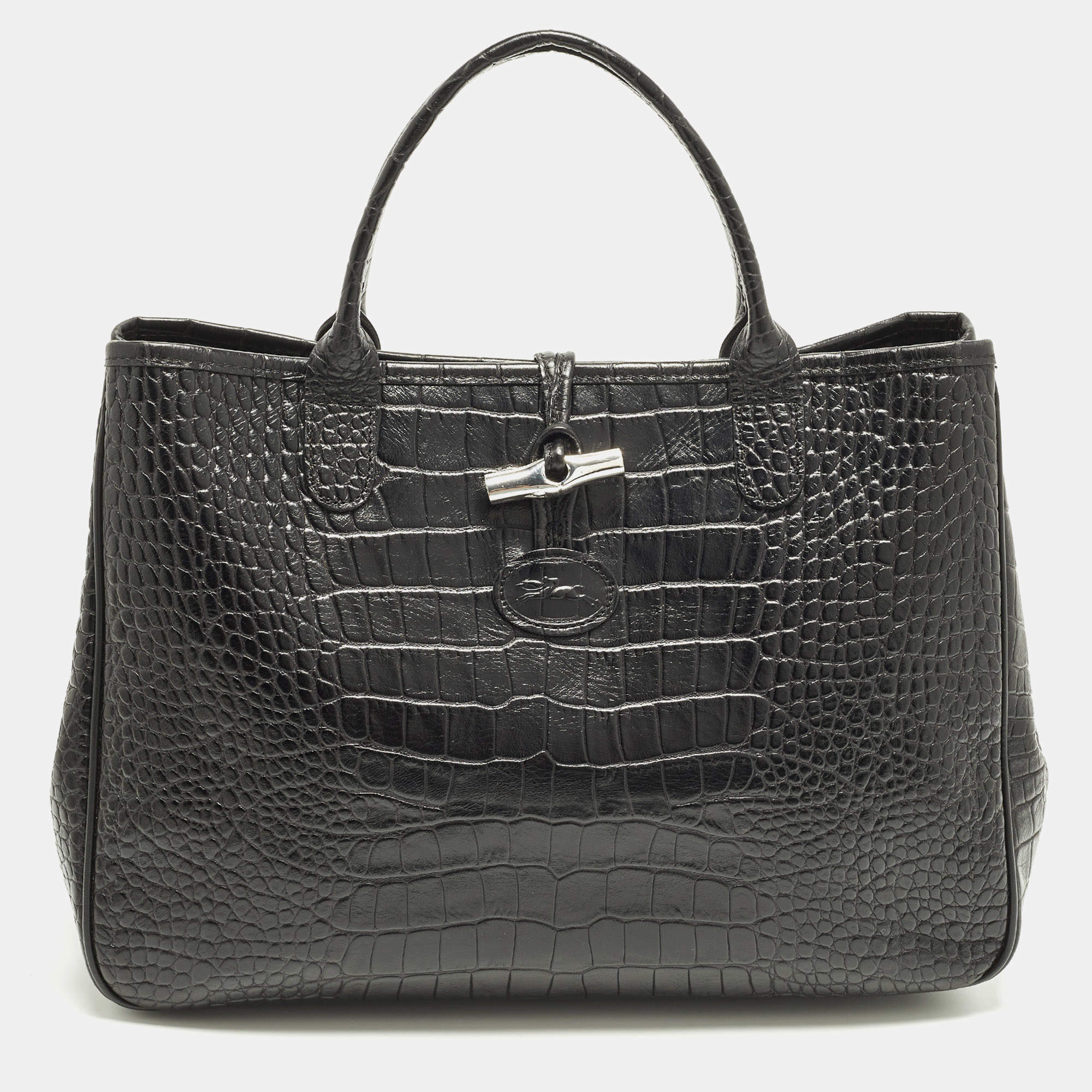 مملوكة مسبقًا Longchamp Roseau Black Croc Embossed Leather Tote
