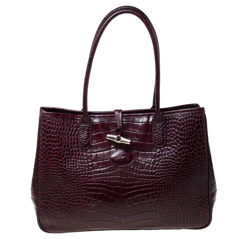 Pre Owned Longchamp Burgundy Crocodile Embossed Leather Roseau Tote