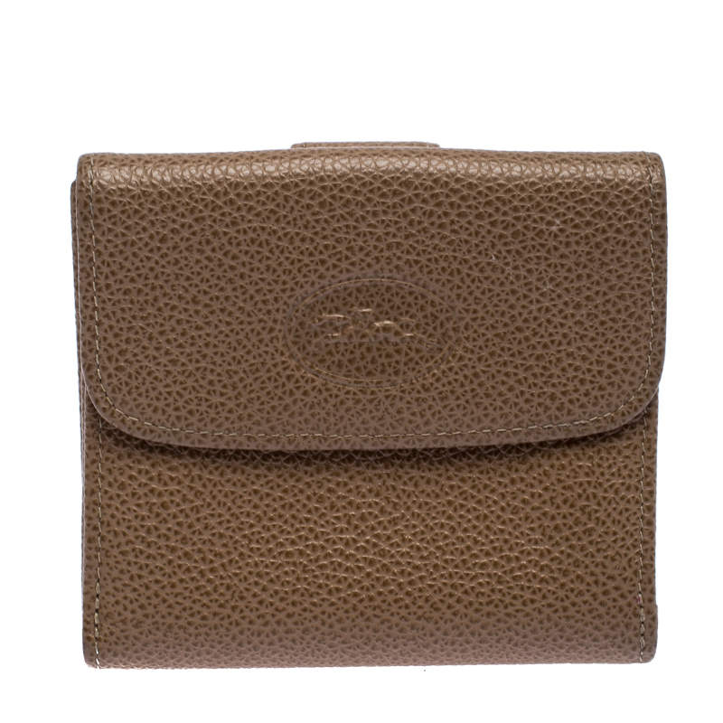 Pre Owned Longchamp Beige Leather Flap Compact Wallet