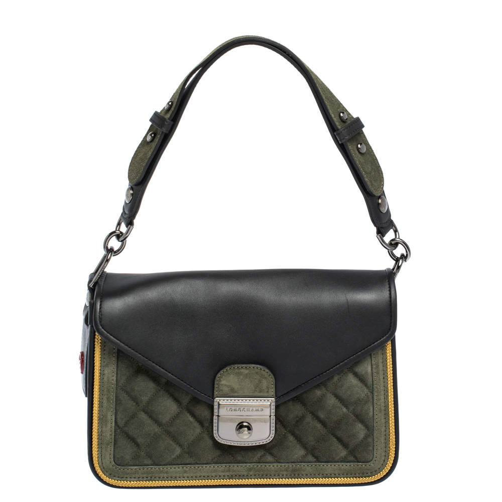 Longchamp Black/Khaki Leather and Suede Le Pliage Heritage Top Handle Bag