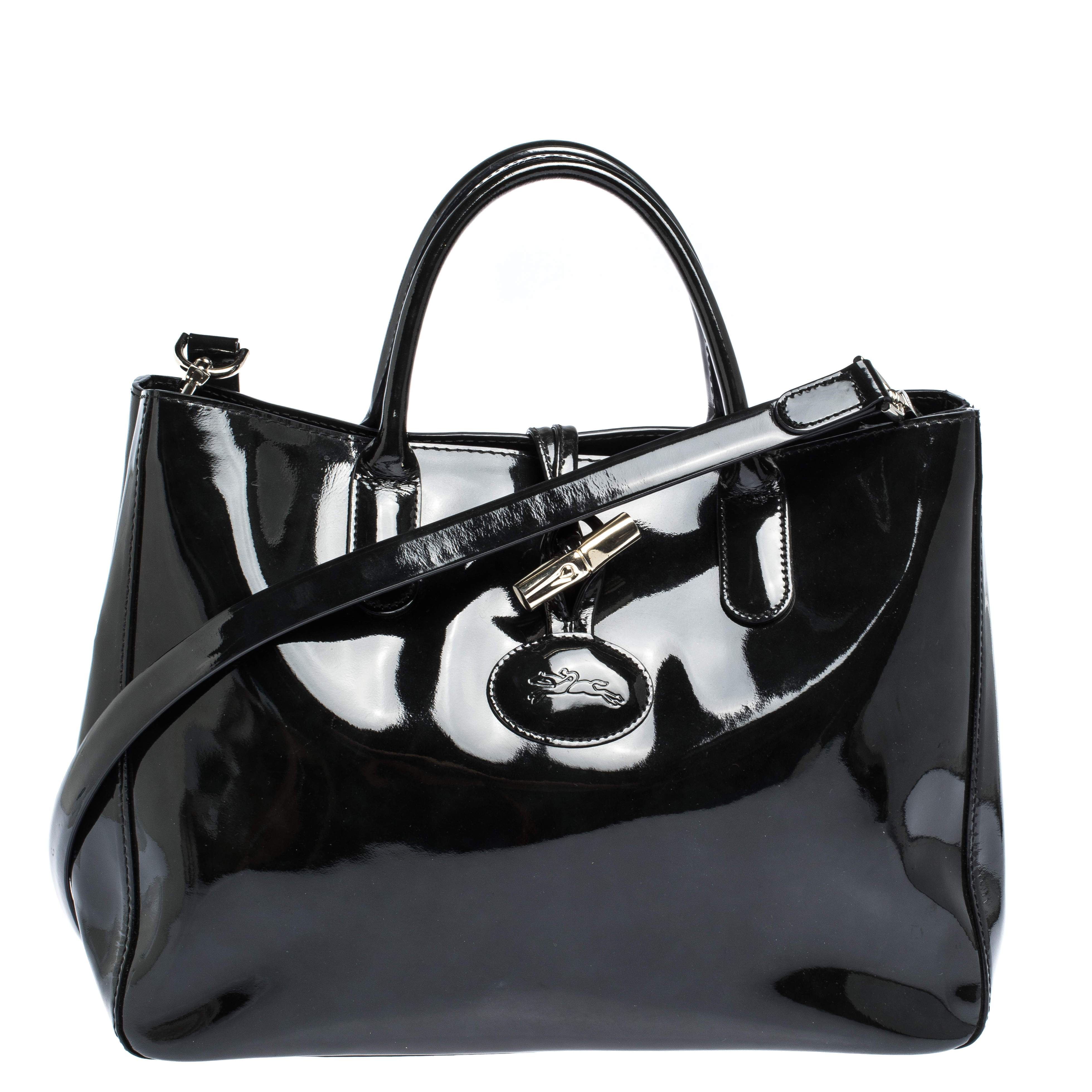 Longchamp Black Patent Leather Roseau Tote Longchamp | The Luxury Closet
