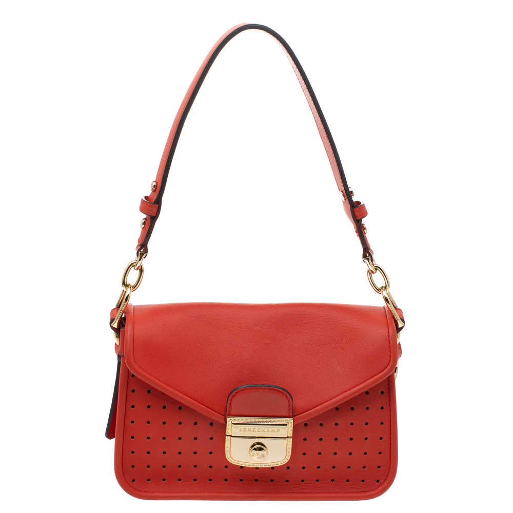 Longchamp Orange Perforated Leather Mademoiselle Top Handle Bag ...