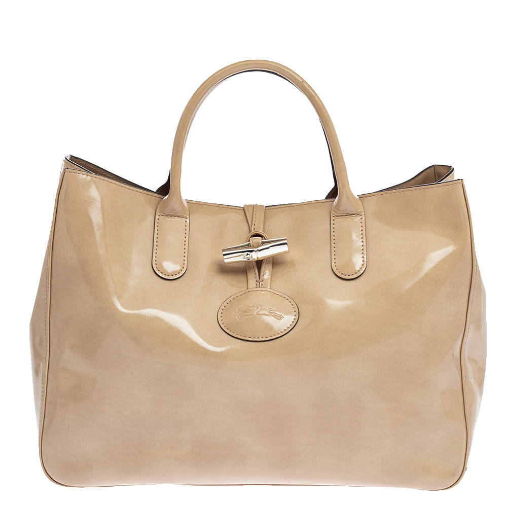 Pre Owned Longchamp Beige Patent Leather Roseau Tote