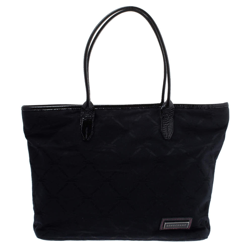 Pre Owned Longchamp Black Logo Embossed Canvas Tote