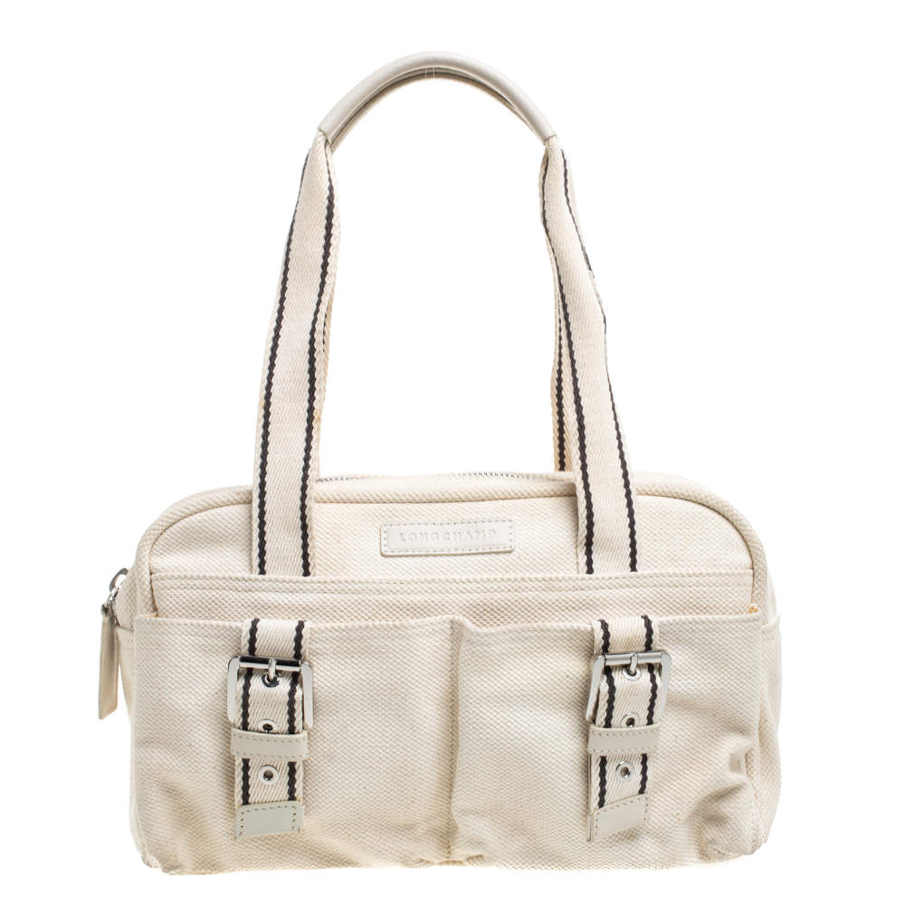 Longchamp Cream Canvas Double Pocket Satchel
