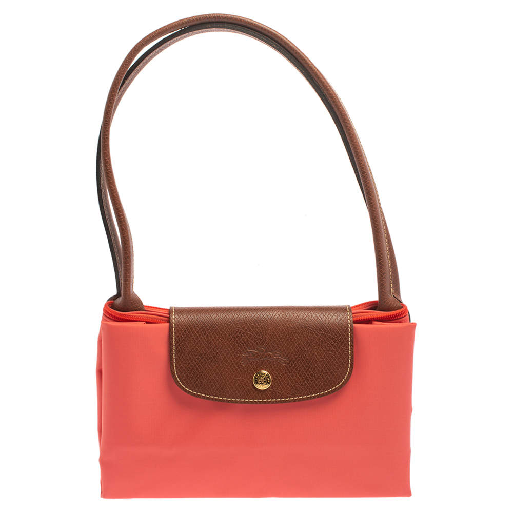 Pre Owned Longchamp Coral Peach Nylon Le Pliage Tote
