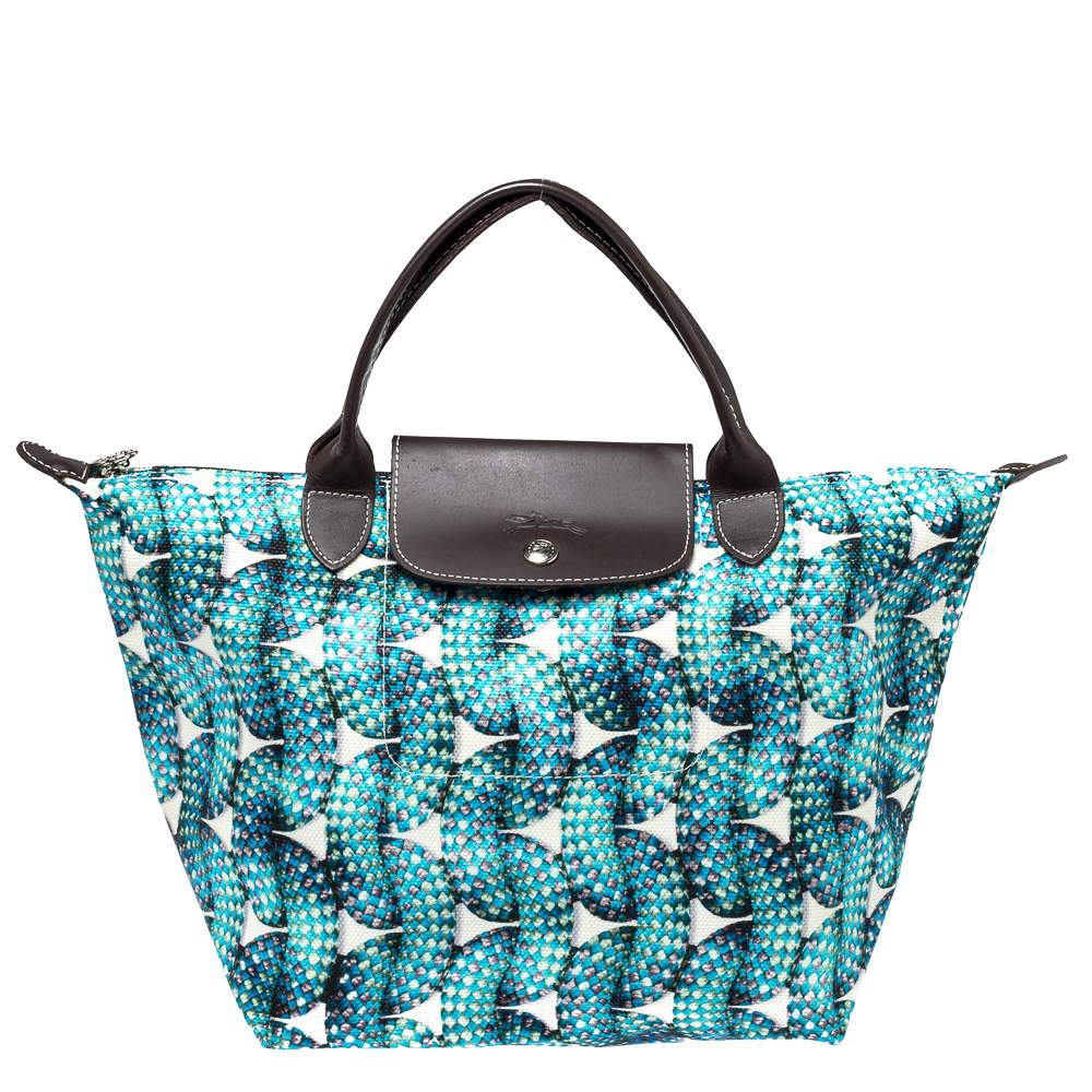 Longchamp Blue/Brown Fabric and Leather Surf and The City Le Pliage Tote