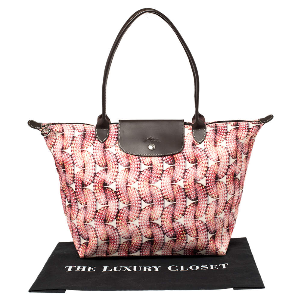 Longchamp Bag Pink White Brown Preage Handbag Canvas Leather