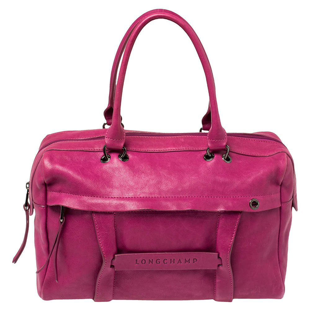 Pre Owned Longchamp Pink Leather Front Zip Duffel Bag