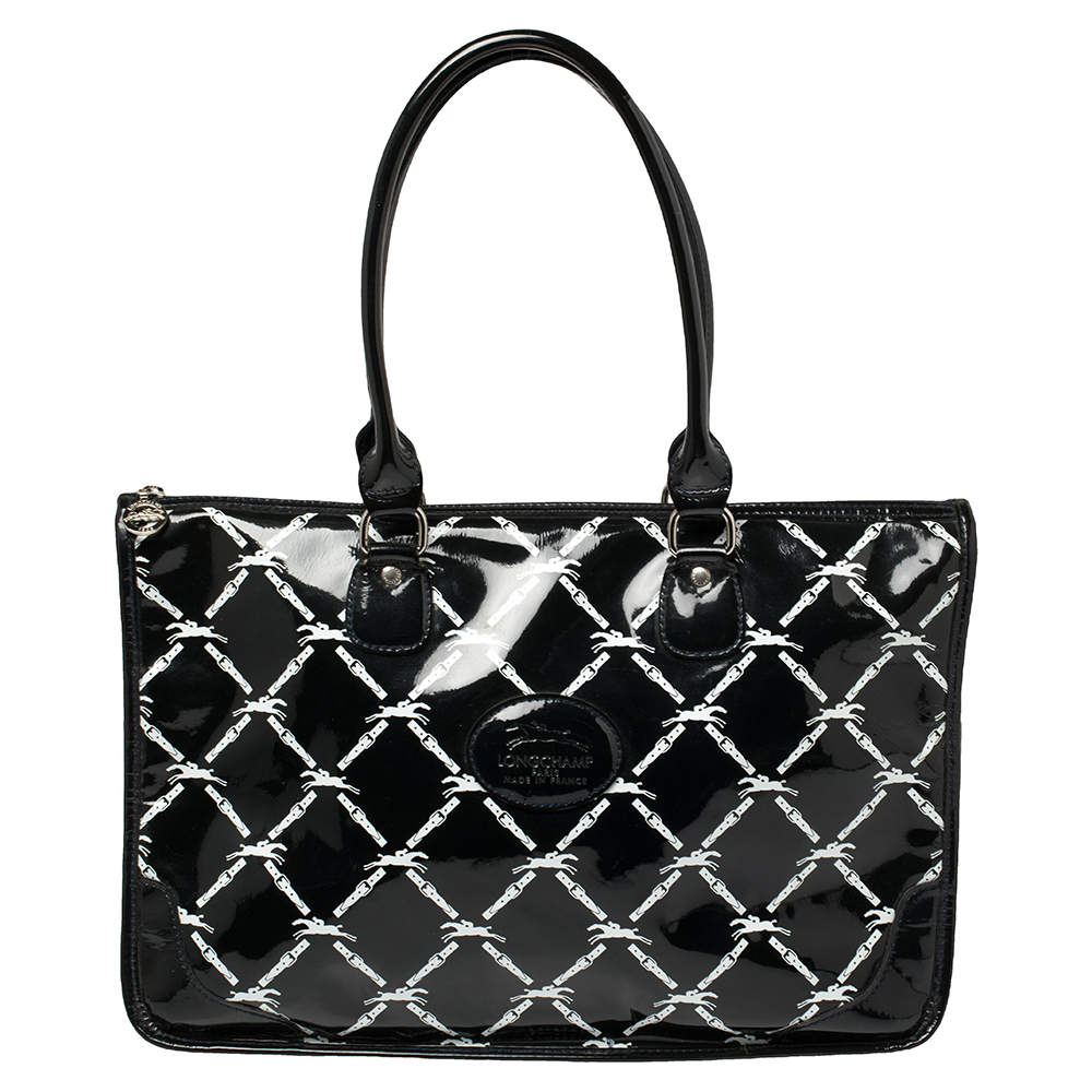 Pre Owned Longchamp Black Printed Patent Leather Satchel