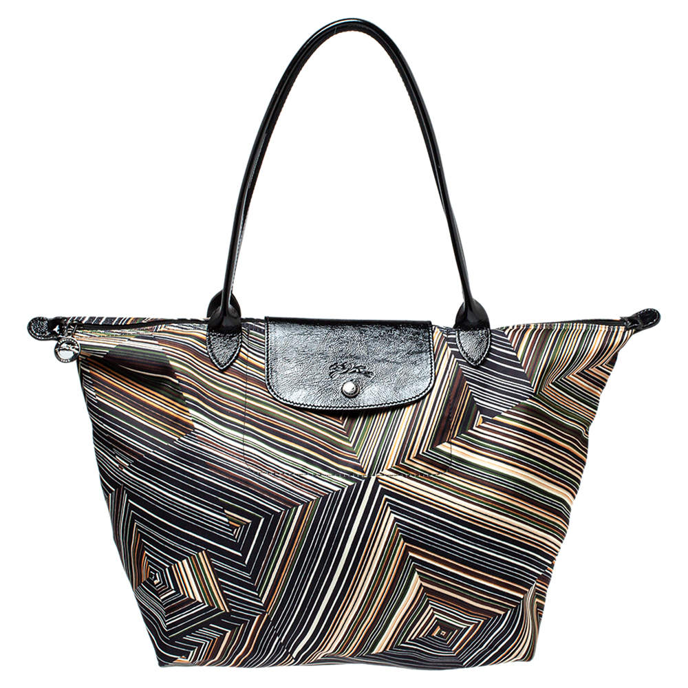 Pre Owned Longchamp Multicolor Nylon and Patent Leather Large Le Pliage Tote