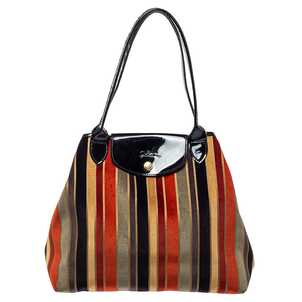 Pre Owned Longchamp Multicolor Stripe Velvet and Patent Leather Tote