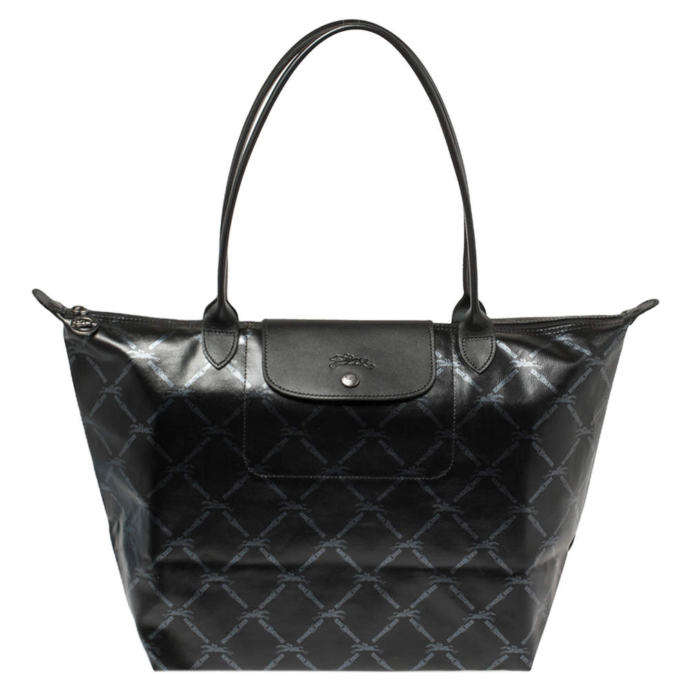 Pre Owned Longchamp Black Coated Canvas and Leather Le Pliage Tote