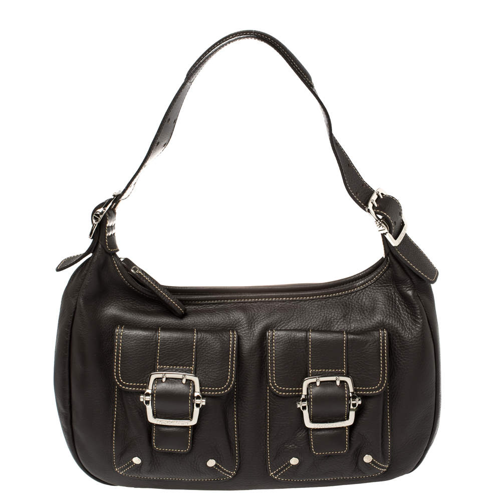 Pre Owned Longchamp Mocha Leather Buckle Pocket Hobo