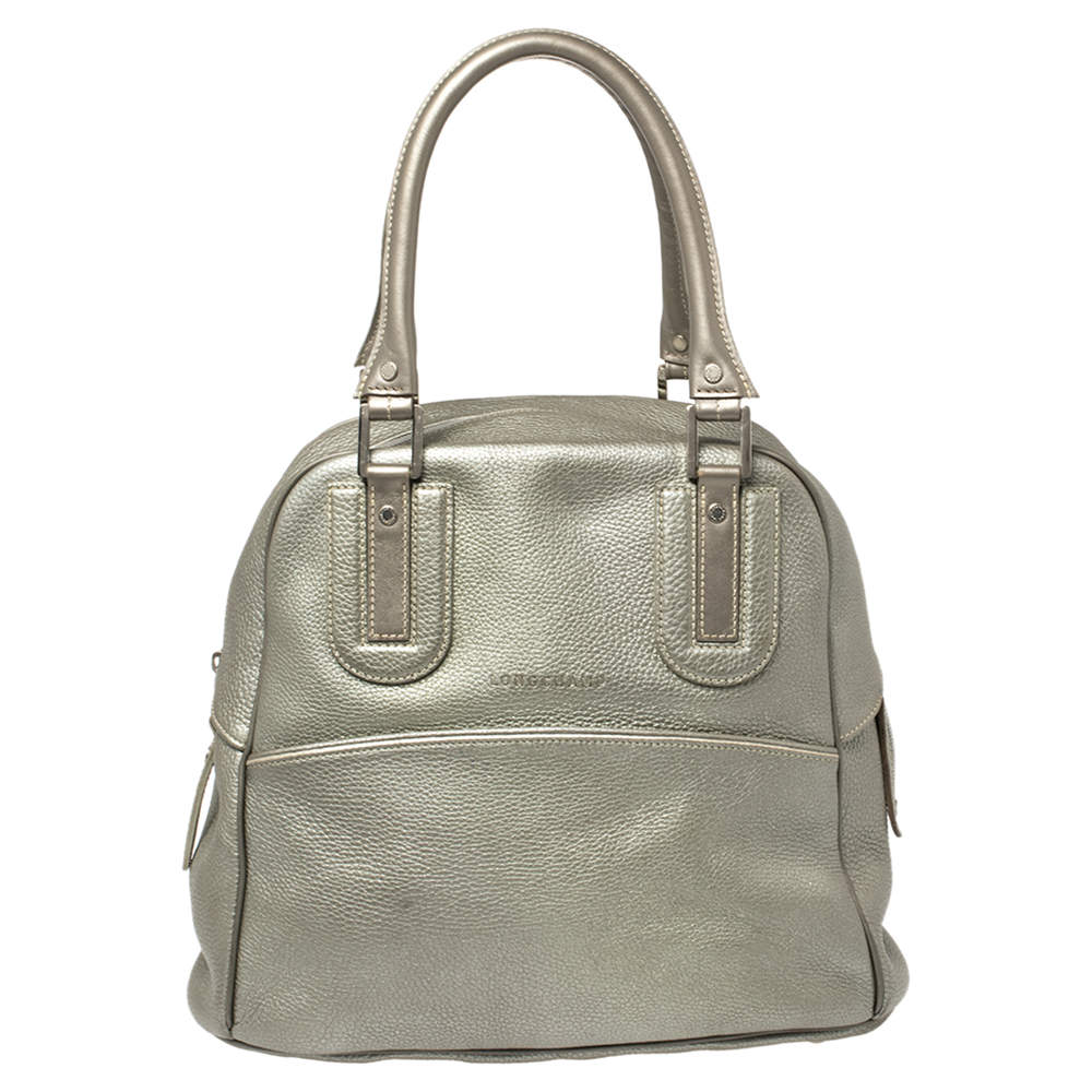 Pre Owned Longchamp Pale Green Shimmer Leather Zip Satchel