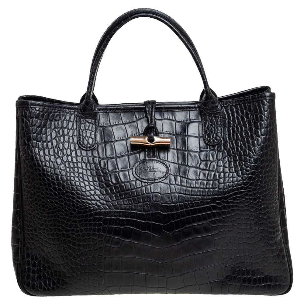 Pre Owned Longchamp Black Crocodile Embossed Leather Roseau Tote 