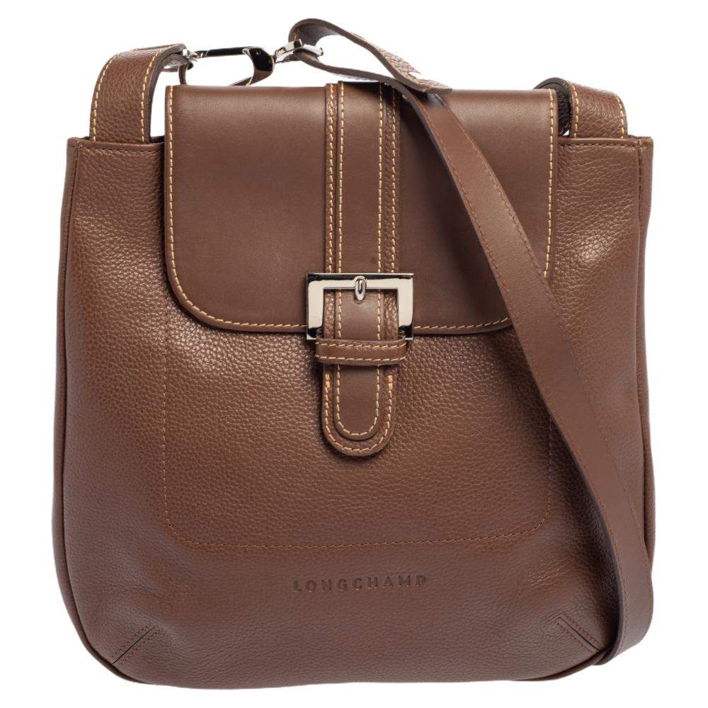 Pre Owned Longchamp Brown Leather Buckle Flap Sling Hobo