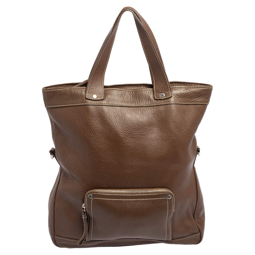 Pre Owned Longchamp Brown Grained Leather Convertible Tote