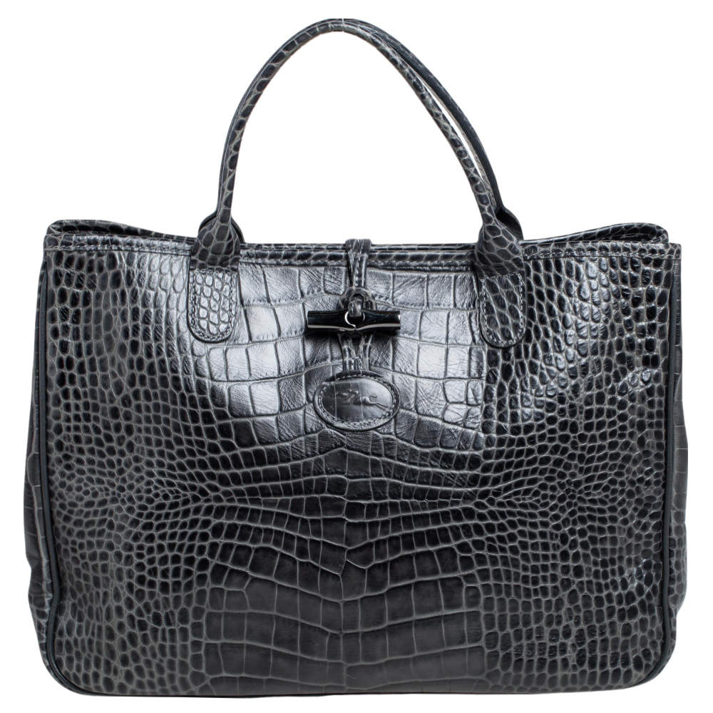 Longchamp Dark Grey Glaze Croc Embossed Leather Roseau Tote