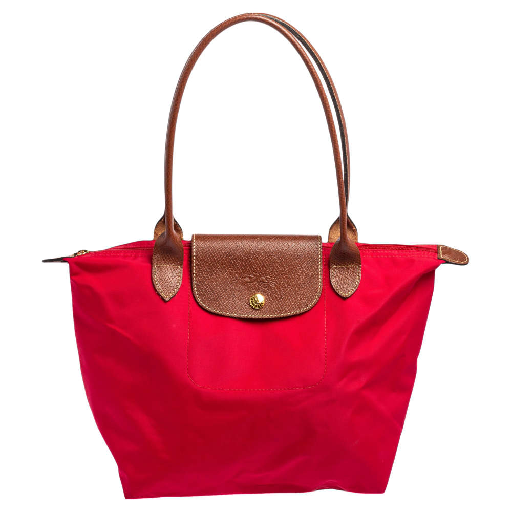 Pre Owned Longchamp Red Nylon and Leather Le Pliage Tote