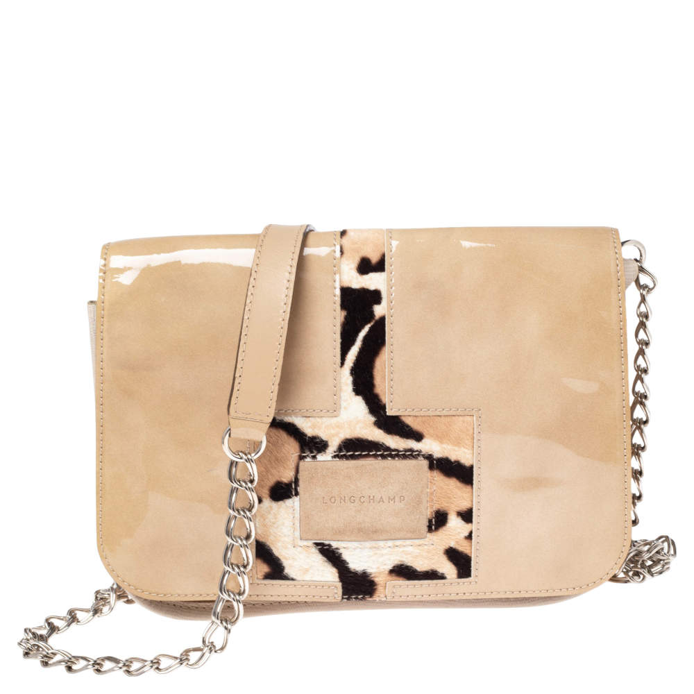 Longchamp Beige Patent Leather, Suede and Calfhair Flap Chain Shoulder Bag