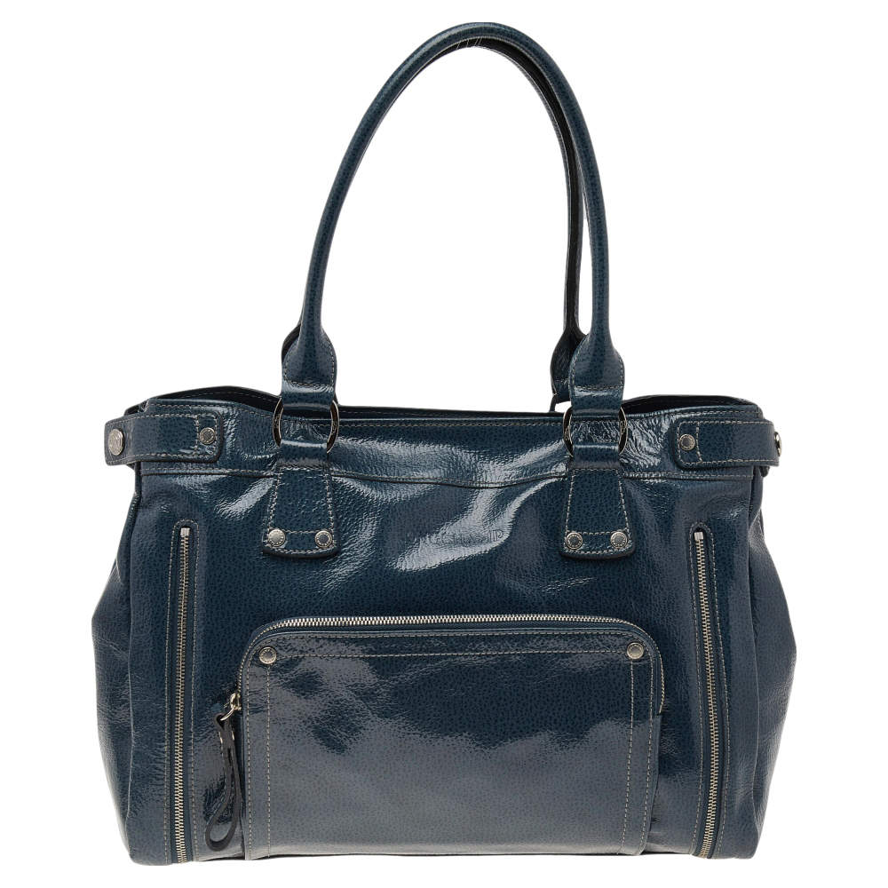 Pre Owned Longchamp Blue Patent Leather Tote