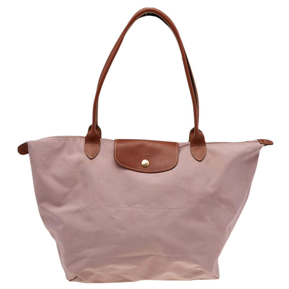 Longchamp Pink/Brown Nylon And Leather Le Pilage Tote