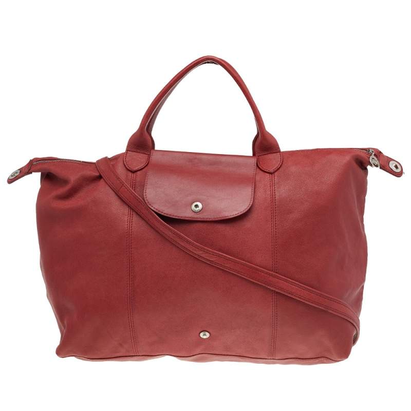 Pre Owned Longchamp Red Leather Le Pliage Tote