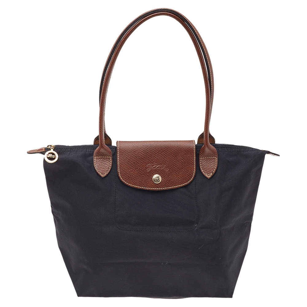 Pre Owned Longchamp Black/Beige Nylon and Leather Small Le Pliage Tote