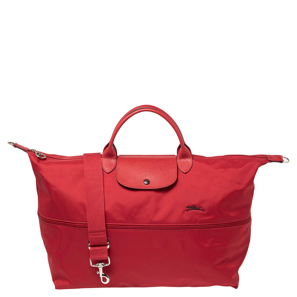 Pre Owned Longchamp Red Polyamide Canvas And Leather Le Pliage Expandable Travel Duffel