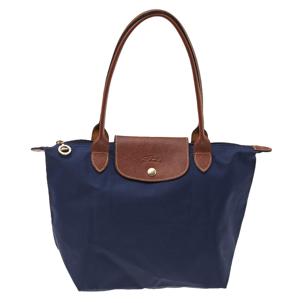 Longchamp Navy Blue/Brown Nylon And Leather Small Le Pliage Tote