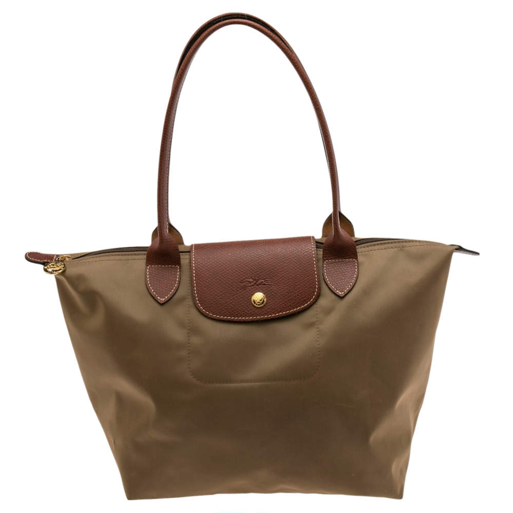 Longchamp Khaki Brown Nylon and Leather Small Le Pliage Tote