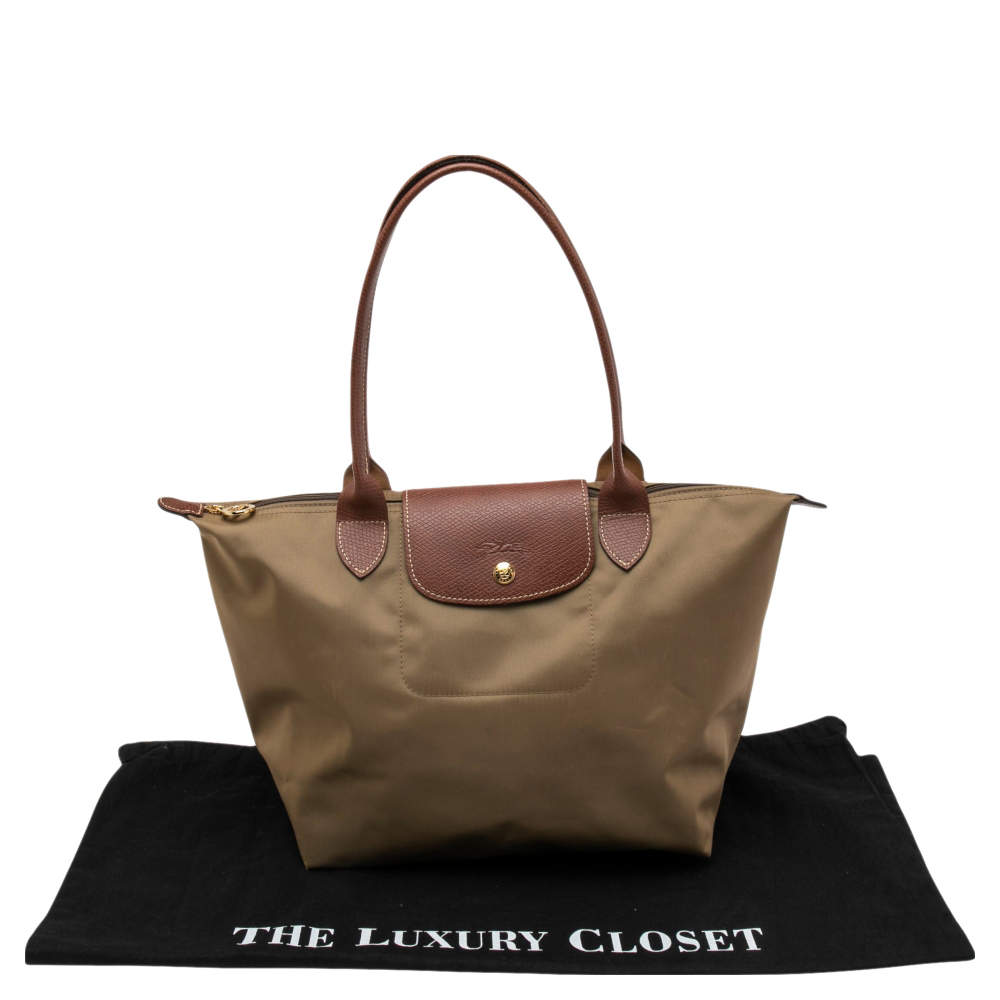 Longchamp Khaki Brown Nylon and Leather Small Le Pliage Tote