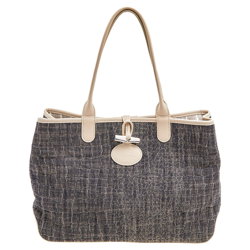 Pre Owned Longchamp Off White/Navy Blue Fabric And Leather Roseau Tote