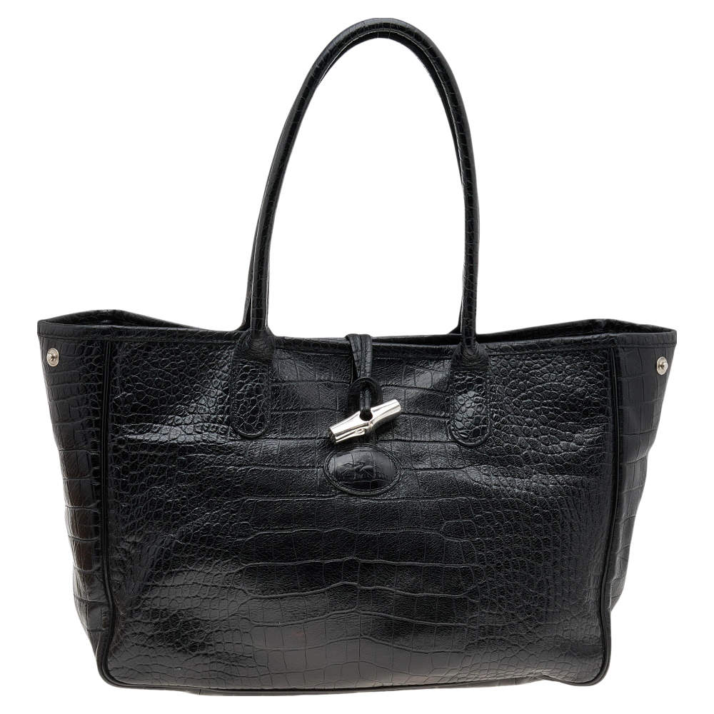 Longchamp Black Glaze Croc Embossed Leather Roseau Tote