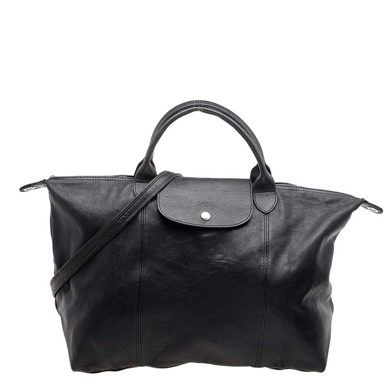 Pre Owned Longchamp Black Leather Le Pliage Tote