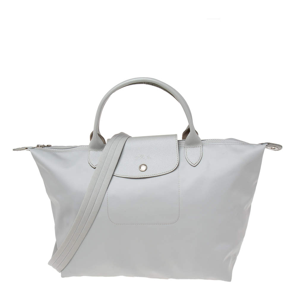 Pre Owned Longchamp Grey Leather And Nylon Medium Le Pliage Tote