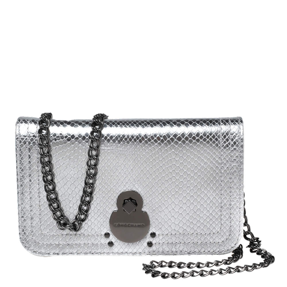 Longchamp Silver Snakeskin Embossed Leather Cavalcade Wallet on Chain ...