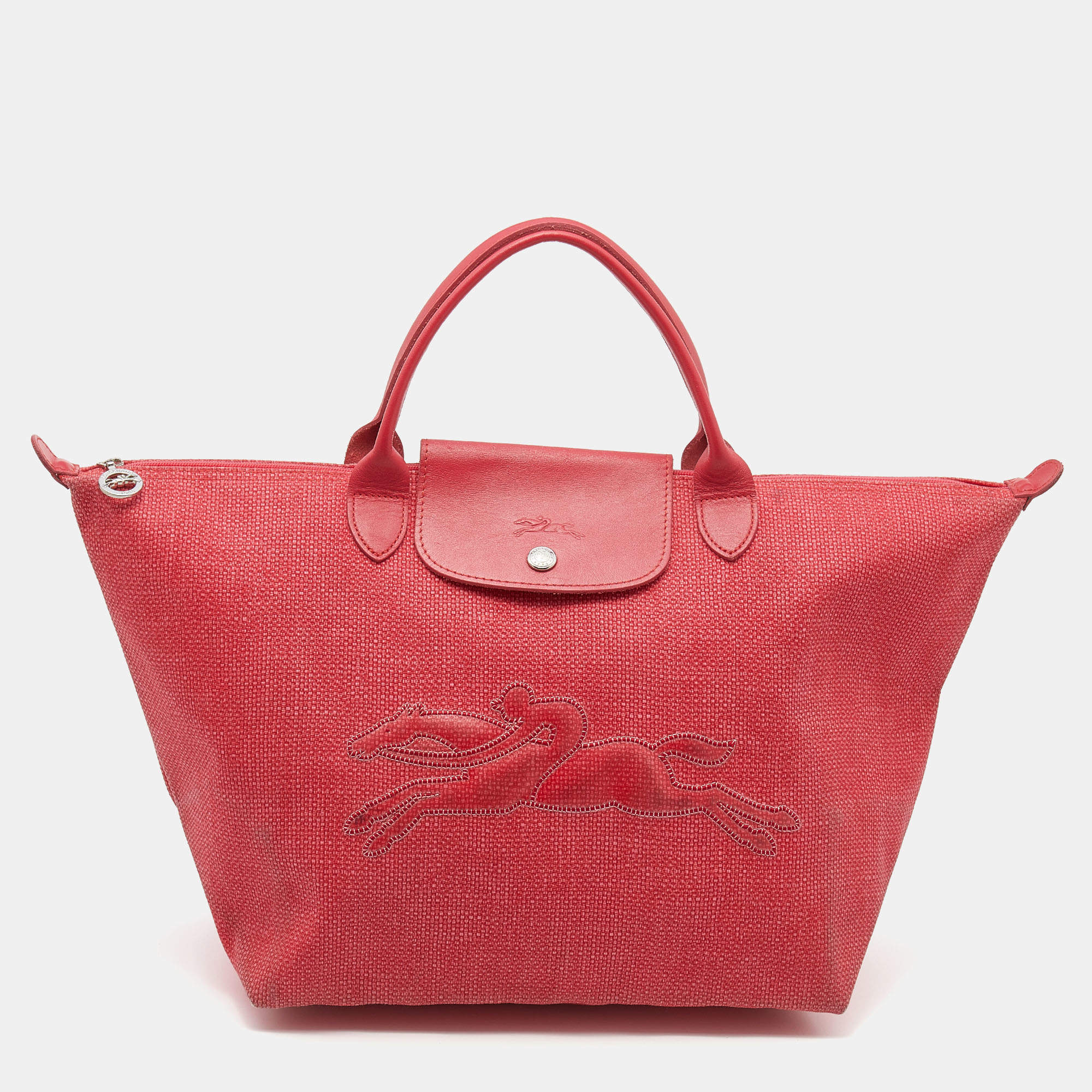 Pre Owned Longchamp Red Canvas And Leather Le Pliage Tote