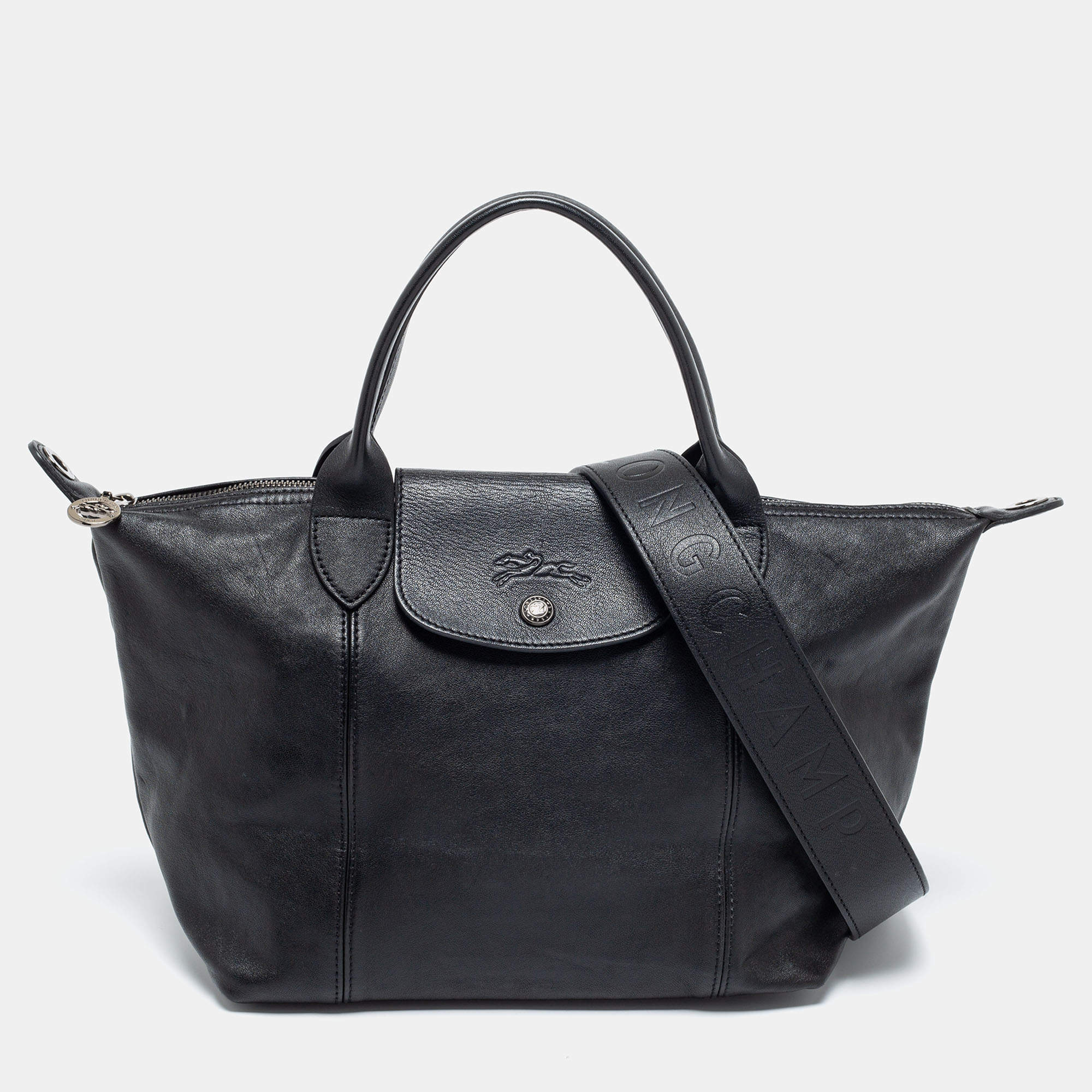 Pre Owned Longchamp Black Leather Le Pliage Tote