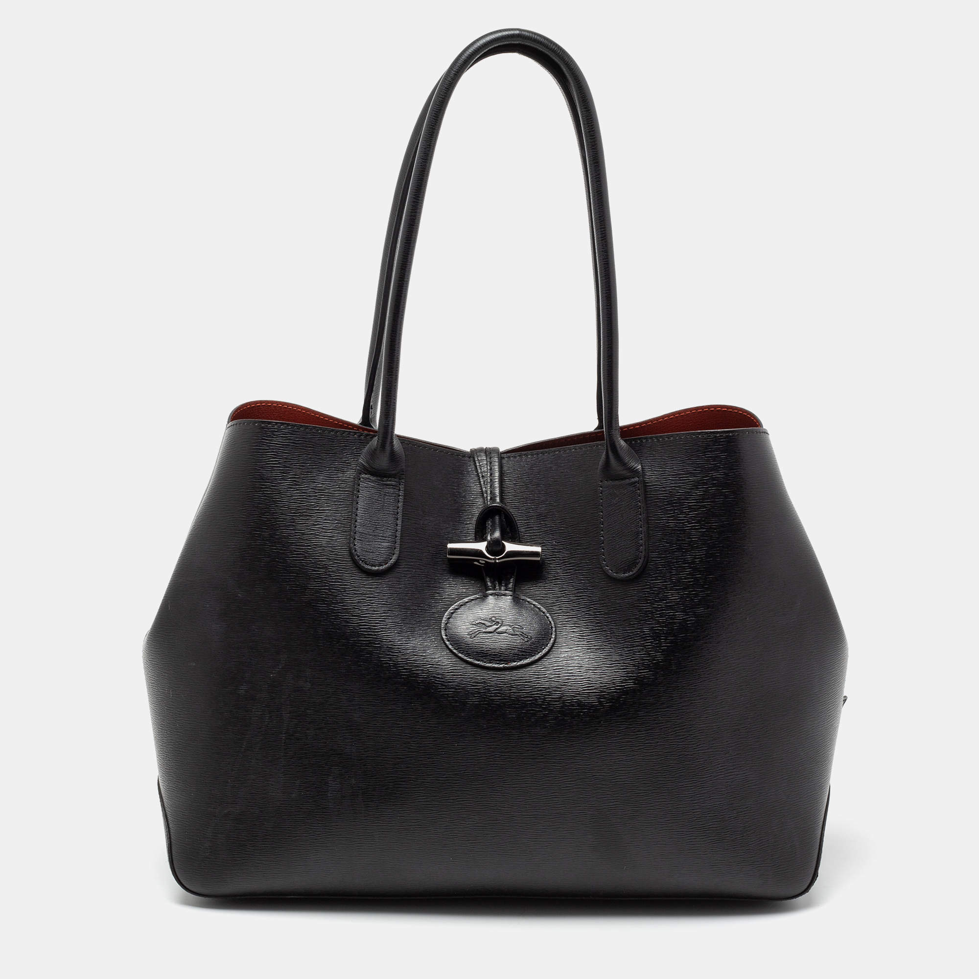 Pre Owned Longchamp Black Leather Roseau Tote