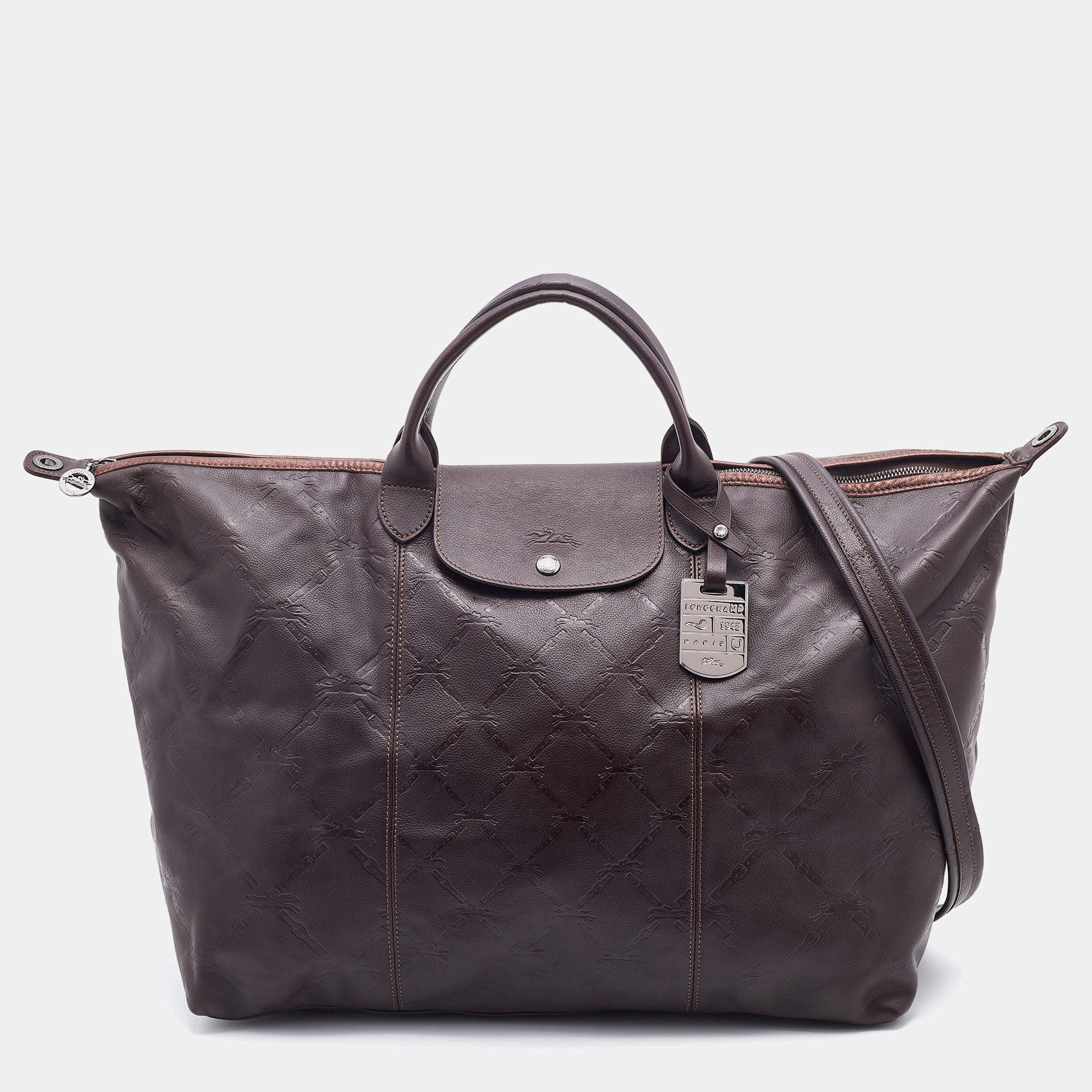 Pre Owned Longchamp Dark Brown Leather Large Le Pliage Tote
