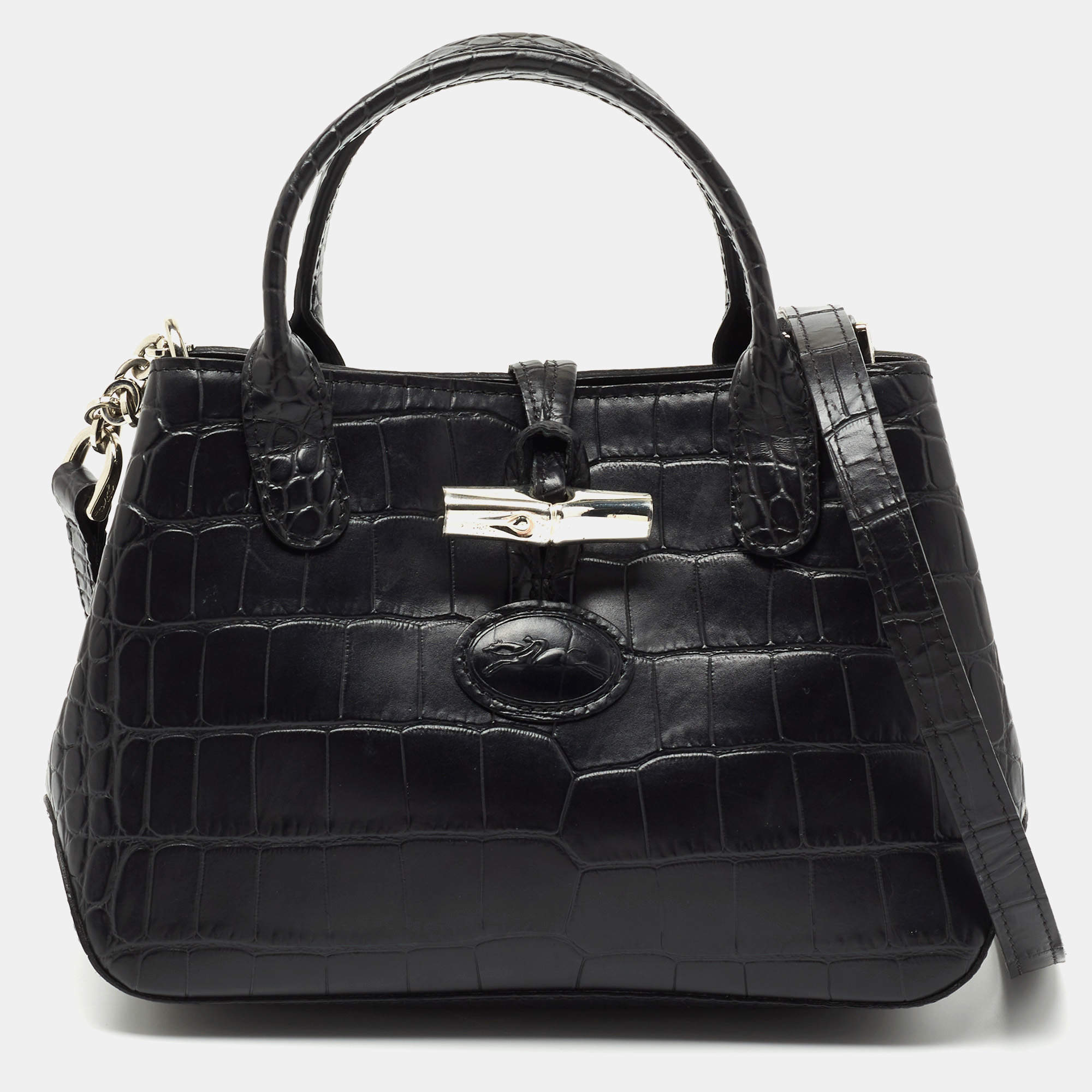 Pre Owned Longchamp Black Croc Embossed Leather Tote