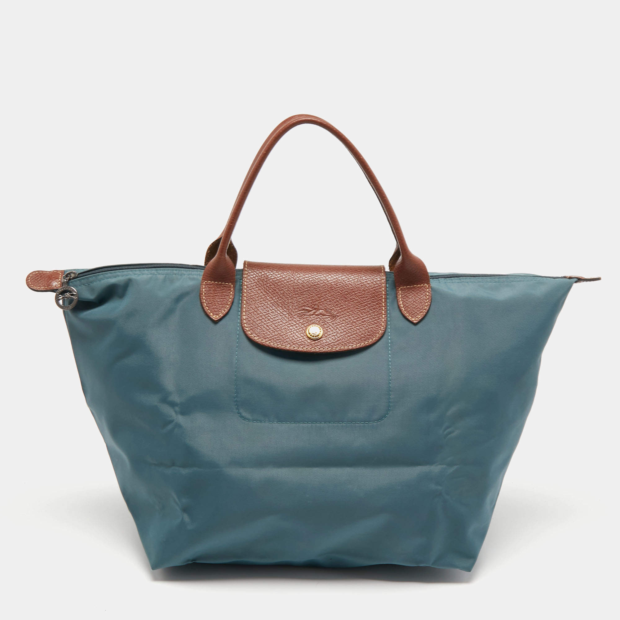 Longchamp Grey/Brown Leather and Nylon Le Pliage Tote