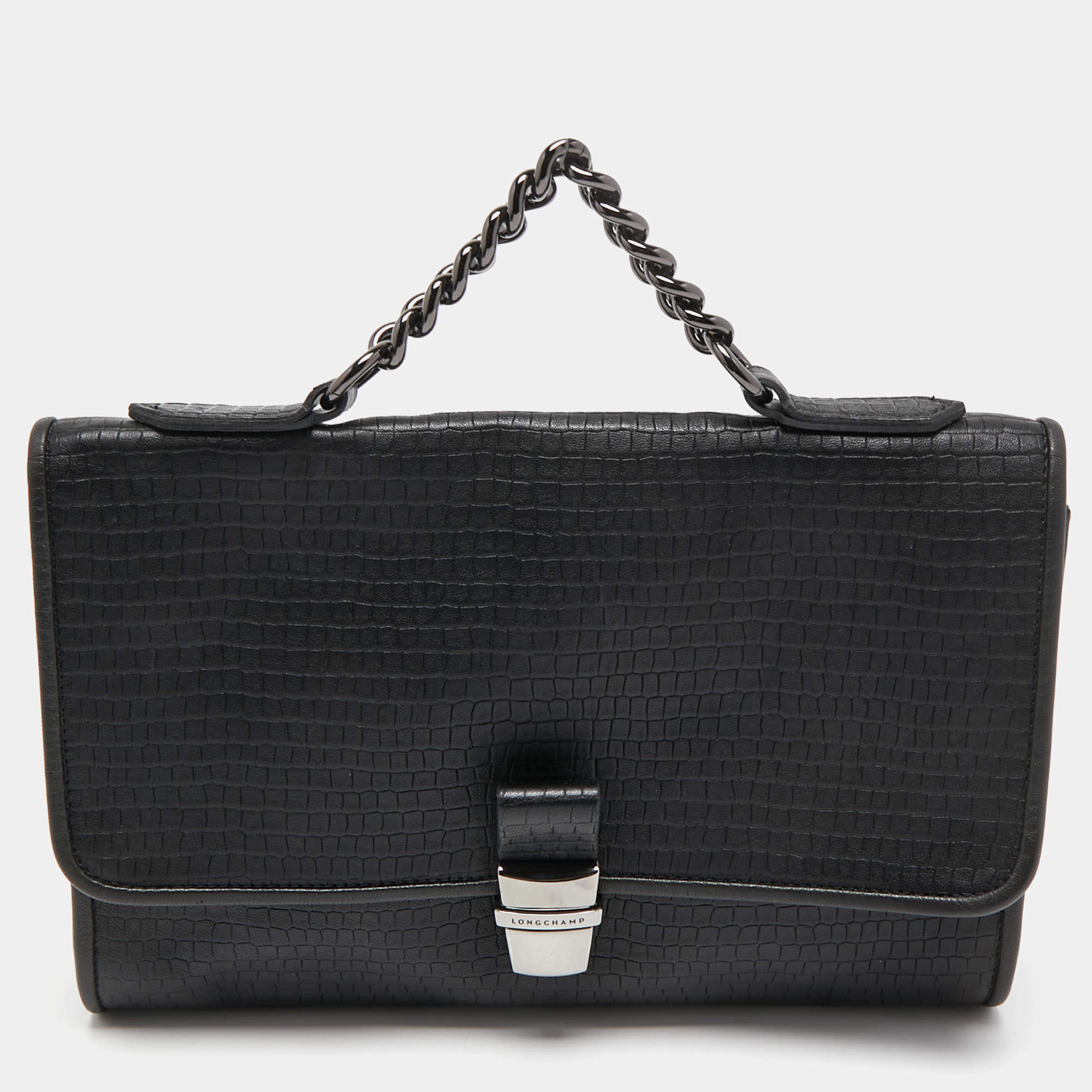 Longchamp Black Embossed Leather Chain Top Handle Bag